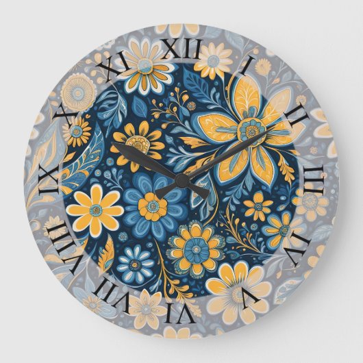 Retro Hippie  Flowers Design Geel Blauw Grote Klok (Voorkant)