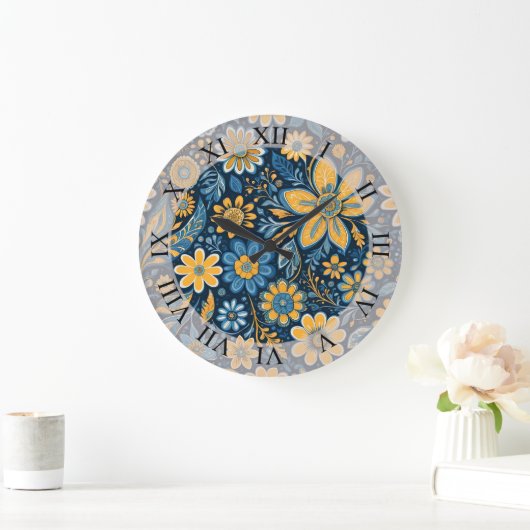 Retro Hippie Flowers Design Geel Blauw Grote Klok (Huis)