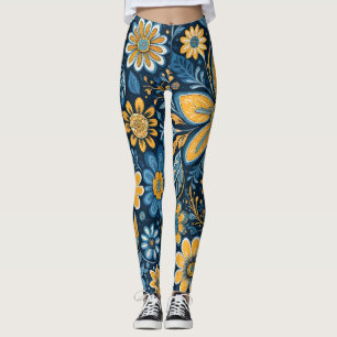 Retro Hippie  Flowers Design Geel Blauw Leggings