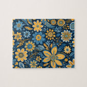 Retro Hippie Flowers Design Geel Blauw Legpuzzel (Horizontaal)
