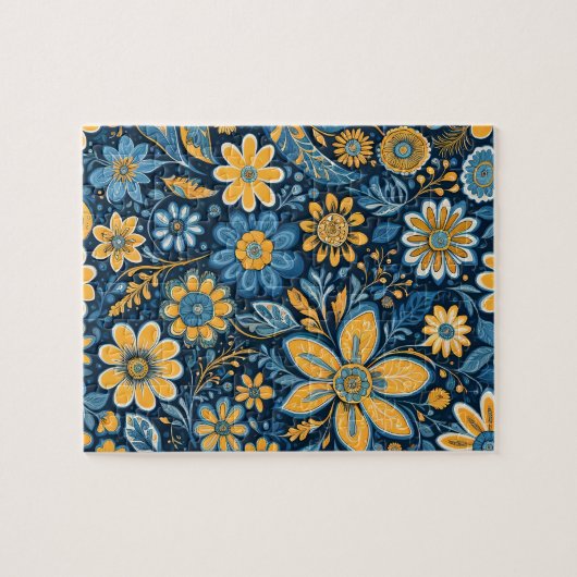 Retro Hippie  Flowers Design Geel Blauw Legpuzzel (Horizontaal)