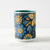 Retro Hippie Flowers Design Geel Blauw Mok (Midden)