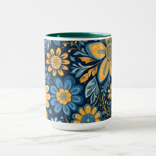 Retro Hippie Flowers Design Geel Blauw Mok (Midden)