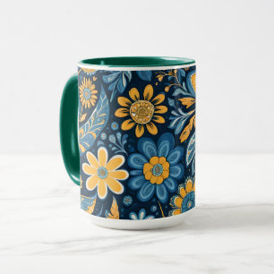 Retro Hippie  Flowers Design Geel Blauw Mok