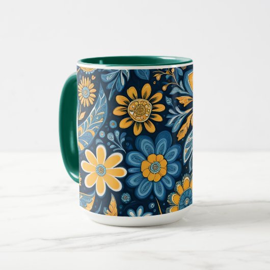 Retro Hippie Flowers Design Geel Blauw Mok (Voorkant links)