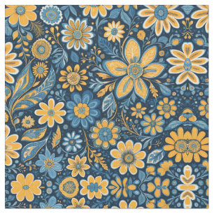 Retro Hippie Flowers Design Geel Blauw Stof