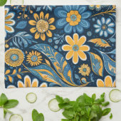 Retro Hippie  Flowers Design Geel Blauw Theedoek (Gevouwen)