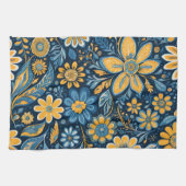 Retro Hippie  Flowers Design Geel Blauw Theedoek (Horizontaal)