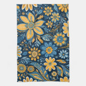 Retro Hippie  Flowers Design Geel Blauw Theedoek (Verticaal)