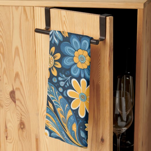 Retro Hippie  Flowers Design Geel Blauw Theedoek (Derde Gevouwen)