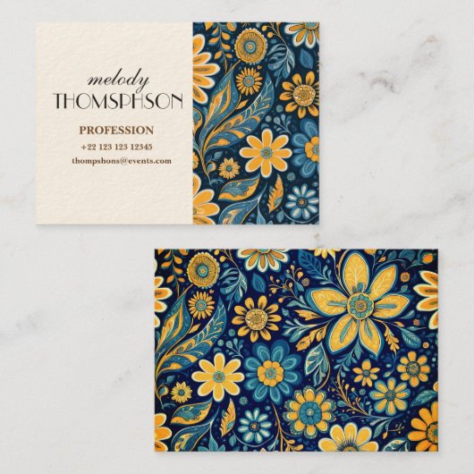 Retro Hippie  Flowers Design Geel Blauw Visitekaartje (Voorkant / Achterkant)