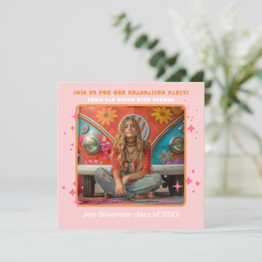 Retro Hippie Foto Geslaagd Party Roze sinaasappel Kaart (Staand voorkant)