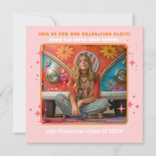 Retro Hippie Foto Geslaagd Party Roze sinaasappel Kaart (Voorkant)