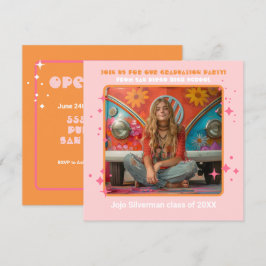 Retro Hippie Foto Geslaagd Party Roze sinaasappel Kaart