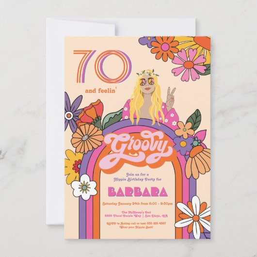 Retro Hippie Girl 70's 60's Groovy Birthday Party Kaart (Voorkant)