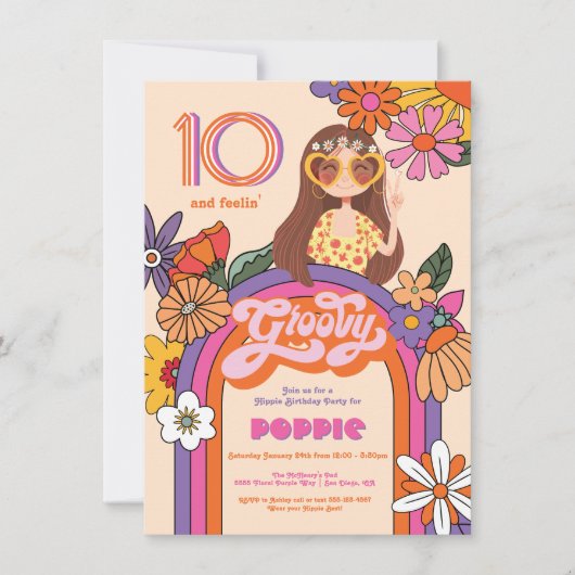 Retro Hippie Girl 70's 60's Groovy Birthday Party Kaart (Voorkant)