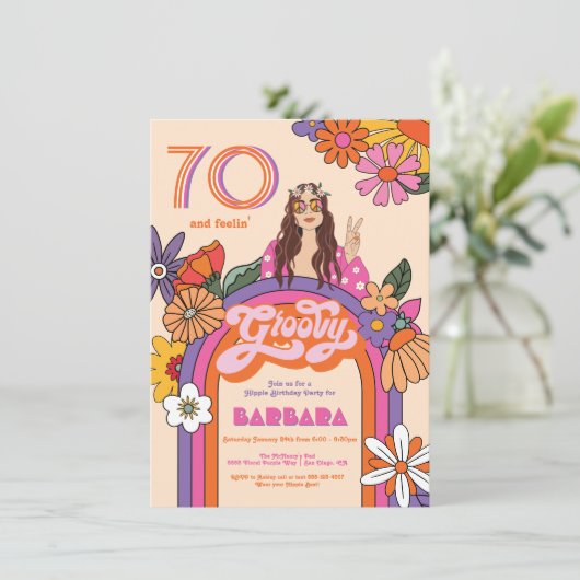 Retro Hippie Girl 70's 60's Groovy Birthday Party Kaart (Staand voorkant)