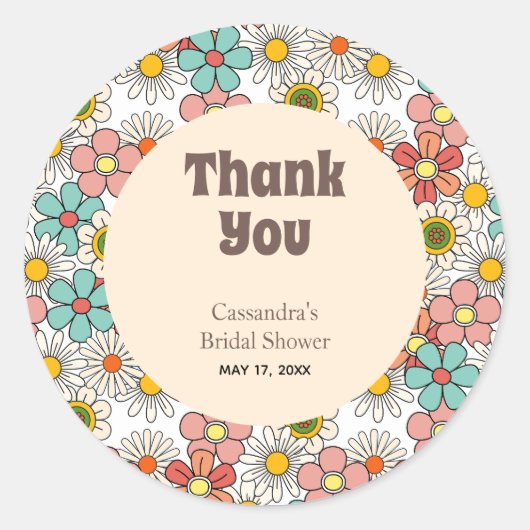 Retro Hippie Groovy Bloem Bruidsfeest Dank Je Ronde Sticker (Voorkant)