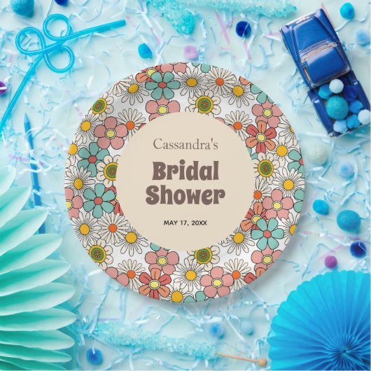 Retro Hippie Groovy Bloem Bruiloftsborrel  Papieren Bordje (Feest)