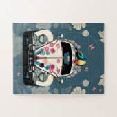 Retro Hippie Kever Bug Car Floral Blauwgroen Legpuzzel (Horizontaal)