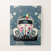 Retro Hippie Kever Bug Car Floral Blauwgroen Legpuzzel (Verticaal)