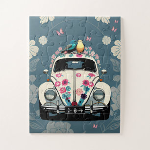 Retro Hippie Kever Bug Car Floral Blauwgroen Legpuzzel