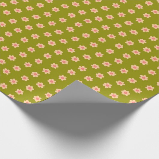 Retro Hippie Olijf Groen Bloemen Wrapping Papier (Hoek)