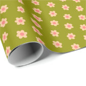 Retro Hippie Olijf Groen Bloemen Wrapping Papier (Rol Hoek)