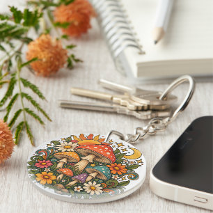 Retro Hippie Paddenstoel & Wilde Bloem Illustratie Sleutelhanger