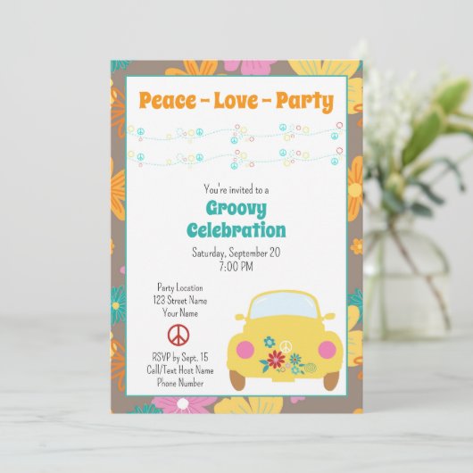 Retro Hippie Party uitnodiging (Staand voorkant)