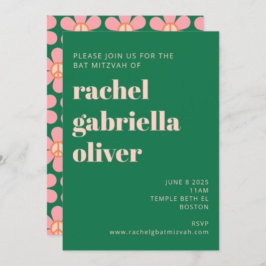 Retro Hippie Peace Flower Green Pink Bat Mitzvah Kaart (Voorkant / Achterkant)