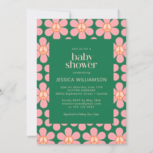 Retro Hippie Peace Flower Green Roze Baby shower Kaart (Voorkant)