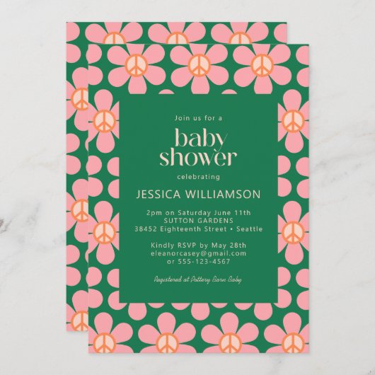 Retro Hippie Peace Flower Green Roze Baby shower Kaart (Voorkant / Achterkant)