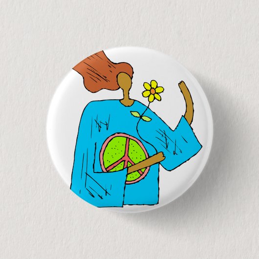 Retro Hippie Peace Girl Flower Button (Voorkant)