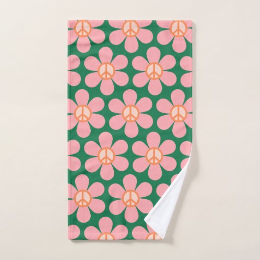 Retro Hippie Peace Sign Flower Green and Pink Bad Handdoek (Handdoek)