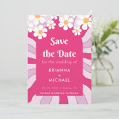Retro Hippie Pink Arch Daisy Groovy 70 s Save The Date (Staand voorkant)