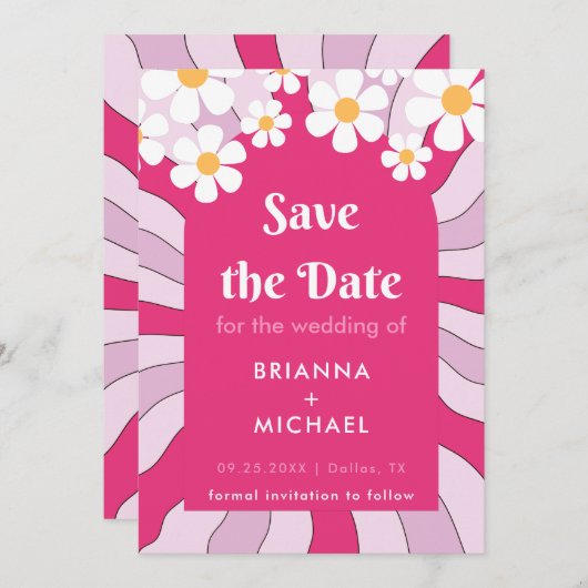 Retro Hippie Pink Arch Daisy Groovy 70 s Save The Date (Voorkant / Achterkant)
