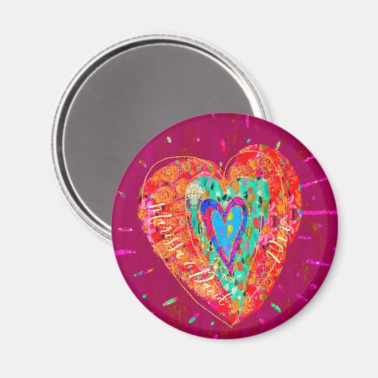 Retro Hippie Pink Turquoise Heart Couple Names Magneet (Voorkant / Achterkant)