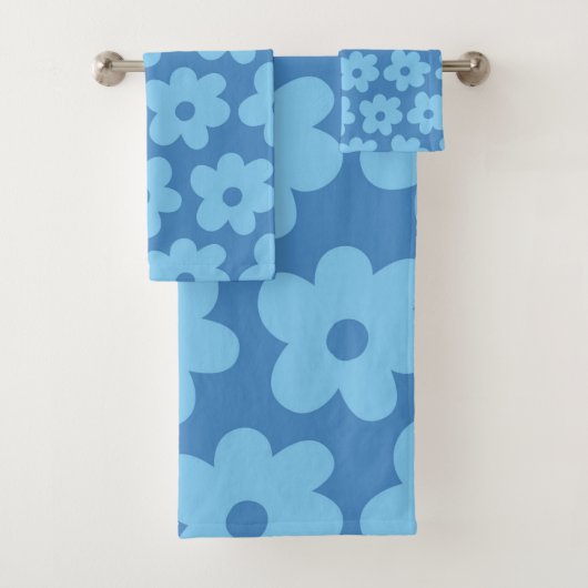 Retro Hippie Preppy Blue Flower Y2K Pattern Bad Handdoek (Insitu)