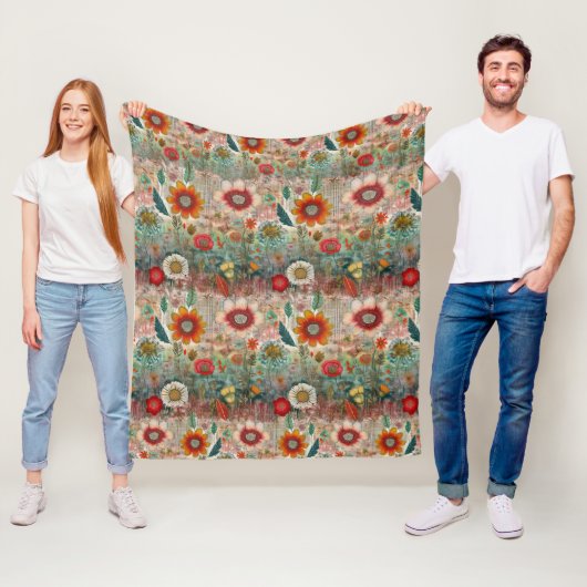 Retro Hippie: Rode bloementuin Fleece Deken (In situ)