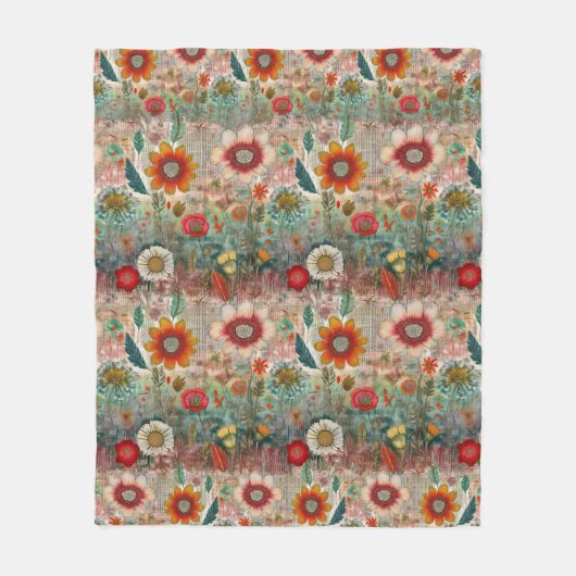 Retro Hippie: Rode bloementuin Fleece Deken (Voorkant)