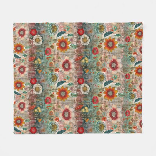 Retro Hippie: Rode bloementuin Fleece Deken (Voorkant (Horizontaal))