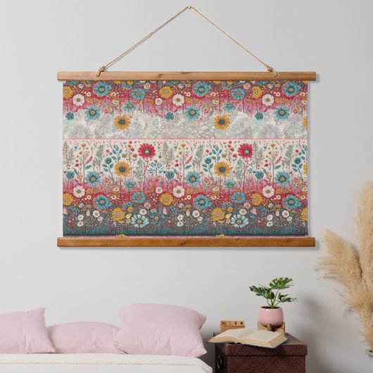 Retro Hippie: Rode bloementuin Hangend Wandkleed (Slaapkamer)