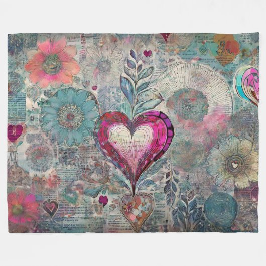 Retro Hippie: Roze Hart Fleece Deken (Voorkant (Horizontaal))