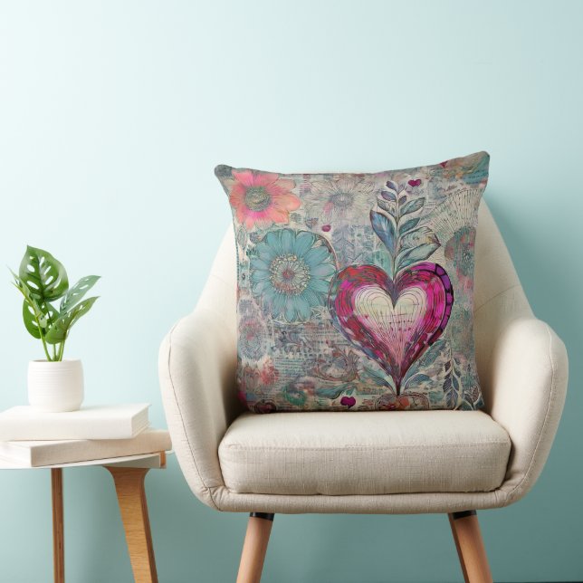 Retro Hippie: Roze Hart Worpkussen Kussen (Stoel)
