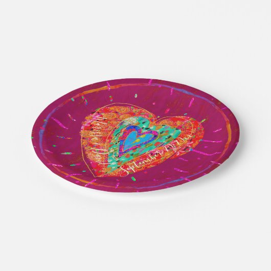 Retro Hippie Roze Turquoise Hart Bewaar de Datum Papieren Bordje (Gekanteld)