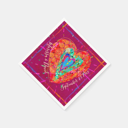 Retro Hippie Roze Turquoise Hart Koppel Naam Datum Servet (Hoek)