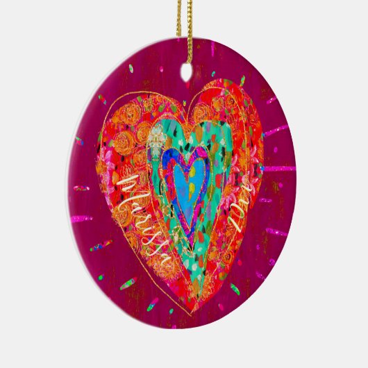 Retro Hippie Roze Turquoise Hart Naam Jaar Keramisch Ornament (Rechts)