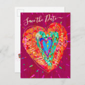 Retro Hippie Roze Turquoise Hart Save the Date Aankondigingskaart (Voorkant / Achterkant)
