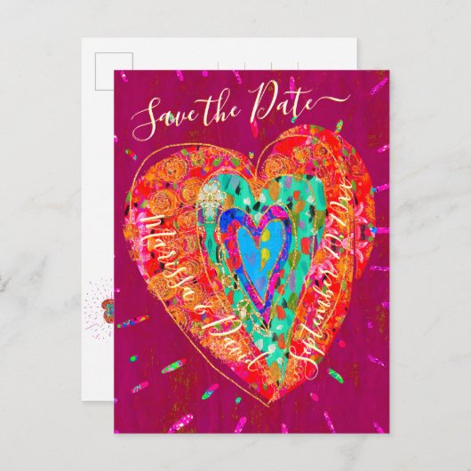 Retro Hippie Roze Turquoise Hart Save the Date Aankondigingskaart (Voorkant / Achterkant)
